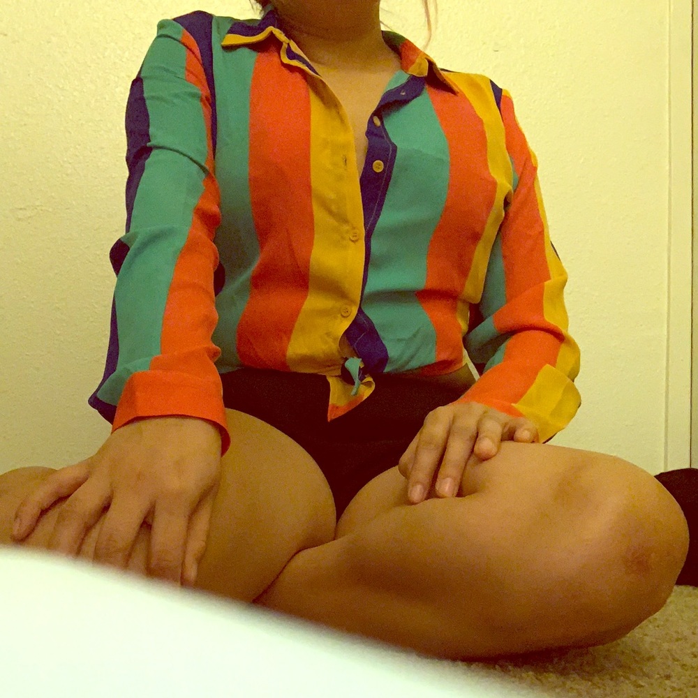 Rainbow crop top button down long sleeve